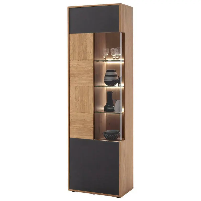 Vitrine in furniert, massiv Balkeneiche Anthrazit, Eiche Bianco
