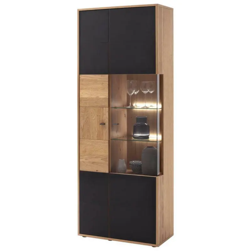 Vitrine in furniert, massiv Balkeneiche Anthrazit, Eiche Bianco