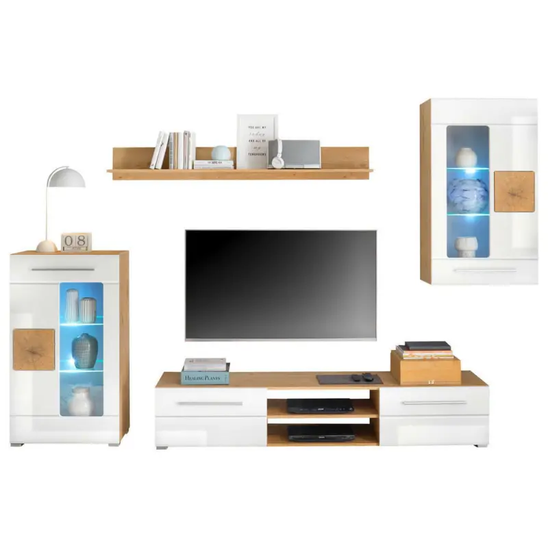 Wohnwand 240/190/43 cm in Eiche Artisan, Weiß Hochglanz