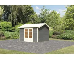 Saunahaus Karibu Benson inkl.9 kW Ofen u.ext.Steuerung mit Vorraum und bronzierter Ganzglastüre terragrau