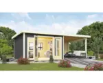 Hornbach Gartenhaus Karibu Badeburg 2 inkl. Anbaudach 3,3 m und Rückwand 664 x 305 cm terragrau