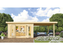 Gartenhaus Karibu Badeburg 3 inkl. Anbaudach 3,3 m 665x365 cm natur