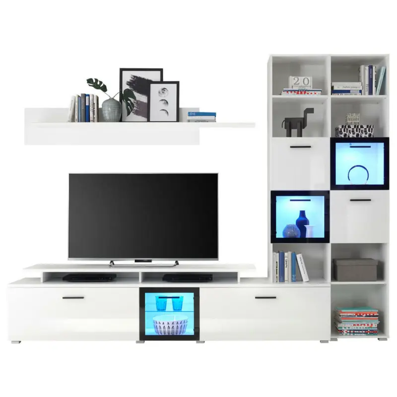 Wohnwand 272/206/43 cm in Weiß, Weiß Hochglanz