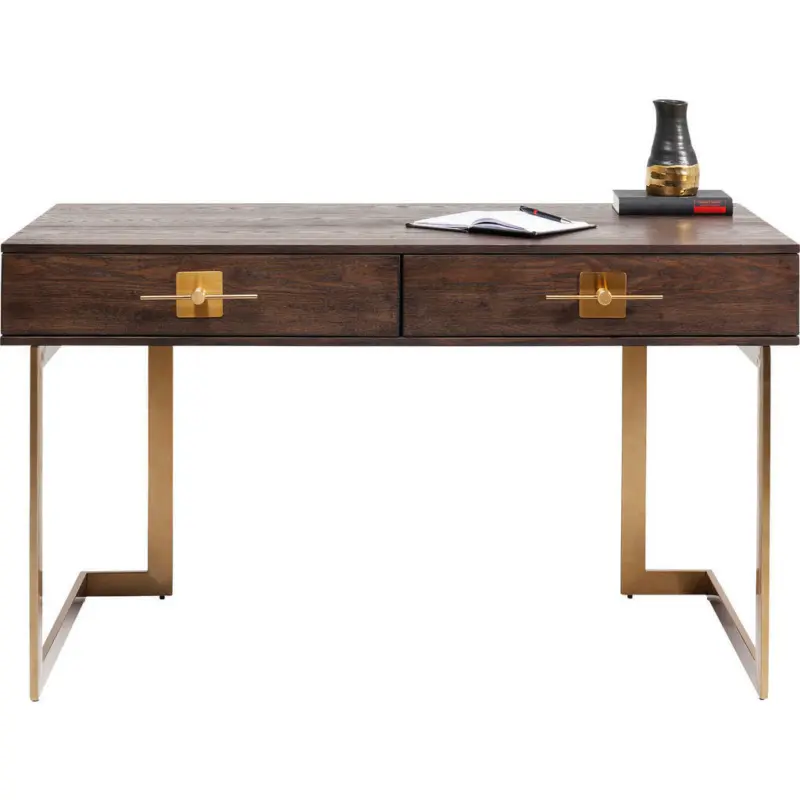Schreibtisch 138/60/81 cm in Braun, Messingfarben