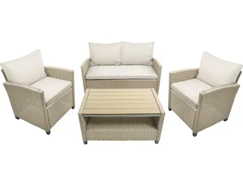 Gartenmöbelset Loungeset 4 -Sitzer bestehend aus: Sofa, 2 Sessel, Tisch, inkl. Auflagen Polyrattan Stahl Beige