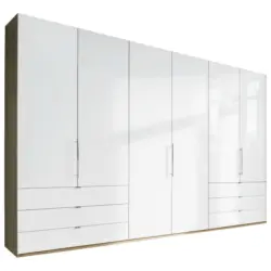 Falttürenschrank Glasfront in Weiß, Eichefarben