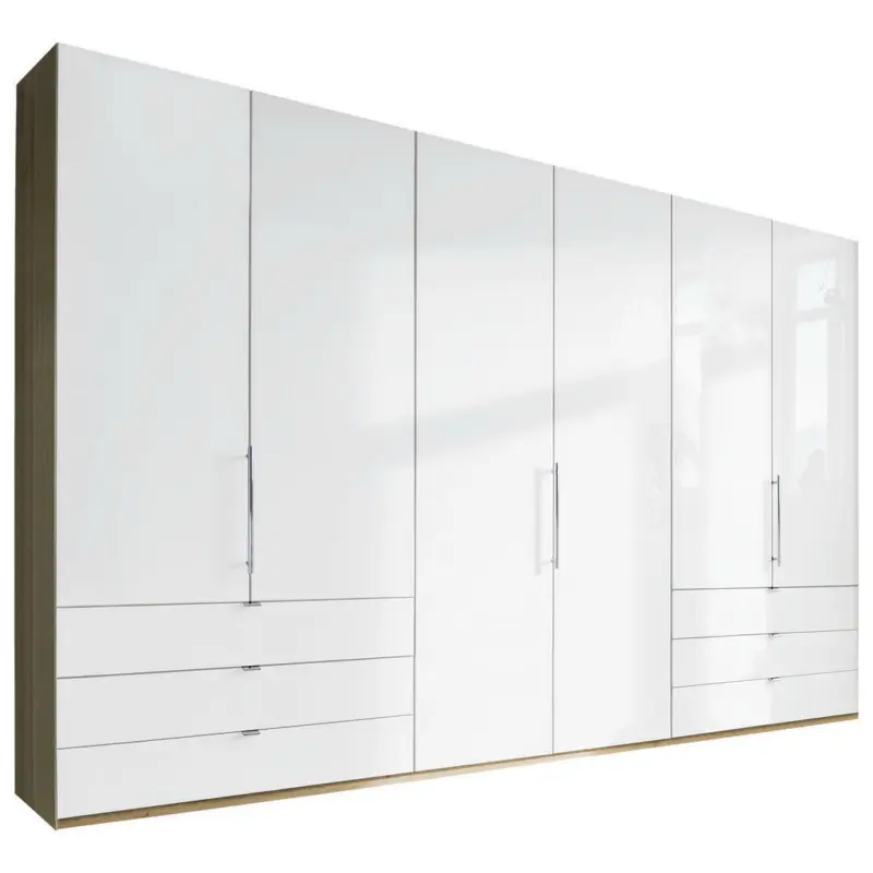 Falttürenschrank Glasfront in Weiß, Eichefarben