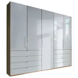 Falttürenschrank Glasfront in Weiß, Eichefarben