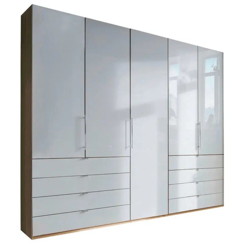 Falttürenschrank Glasfront in Weiß, Eichefarben