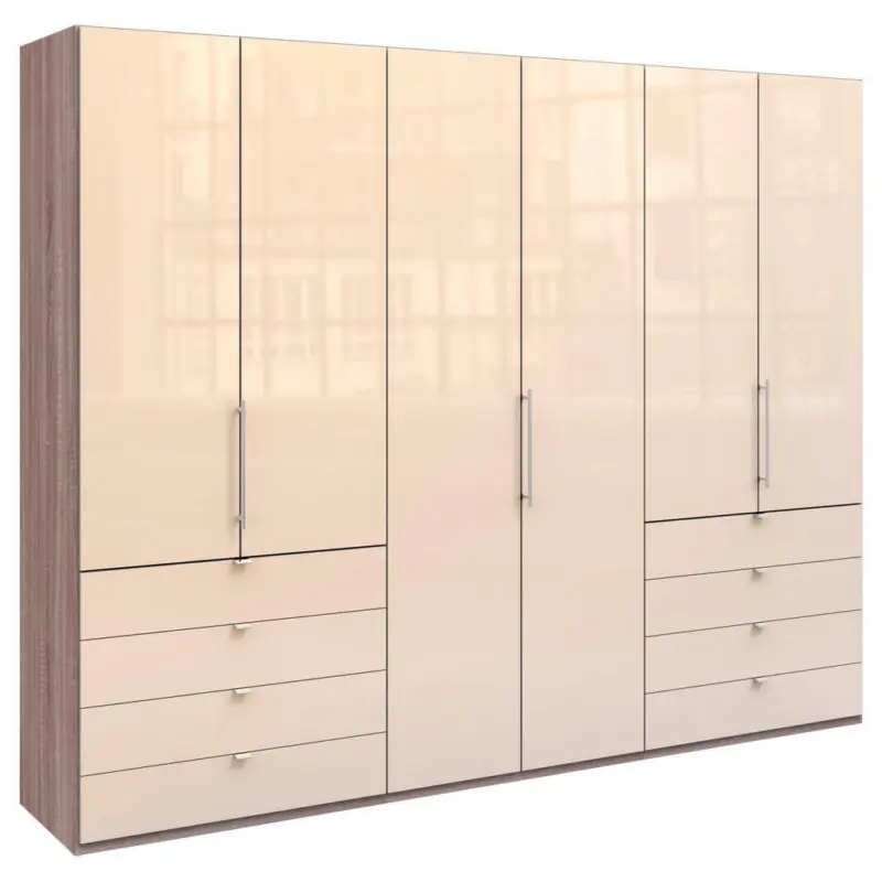 Falttürenschrank Glasfront in Trüffeleichefarben, Magnolie