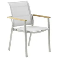 Stapelsessel in Holz, Metall, Textil Edelstahlfarben, Hellgrau, Teakfarben