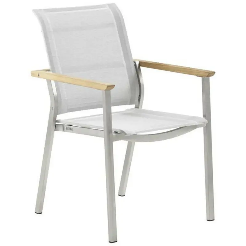 Stapelsessel in Holz, Metall, Textil Edelstahlfarben, Hellgrau, Teakfarben