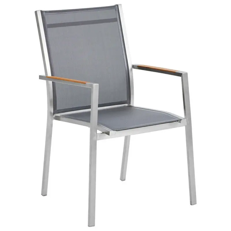 Stapelsessel in Holz, Metall, Textil Edelstahlfarben, Dunkelgrau, Teakfarben