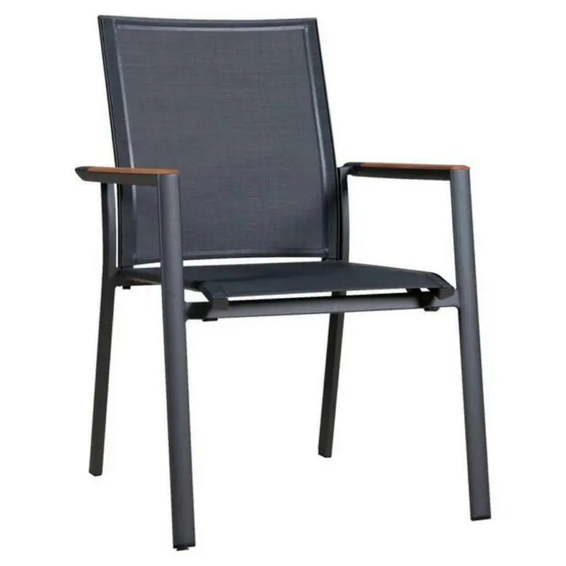 Stapelsessel in Holz, Metall, Textil Graphitfarben, Grau, Teakfarben