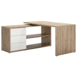 Eckschreibtisch 139/139/72 cm in Eiche Artisan, Weiß Hochglanz