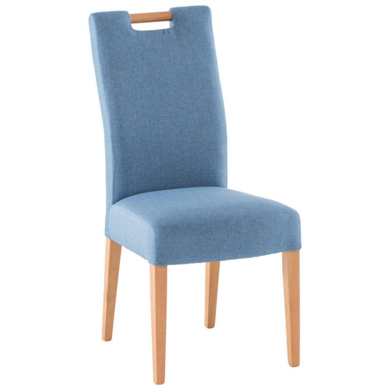 Stuhl in Holz, Textil Blau, Buchefarben
