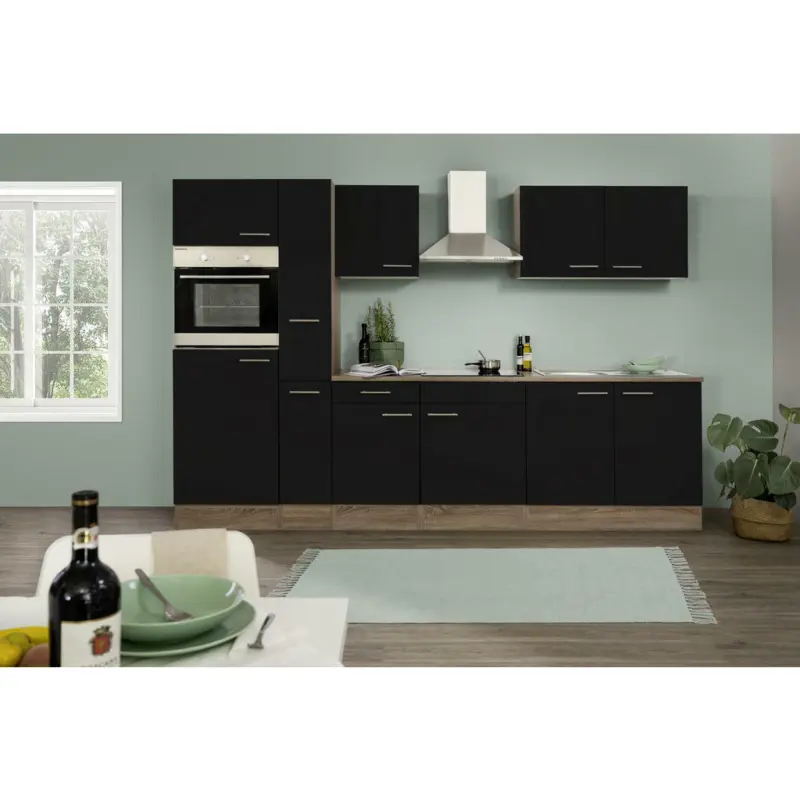 Küchenblock 300 cm in Schwarz, Eichefarben