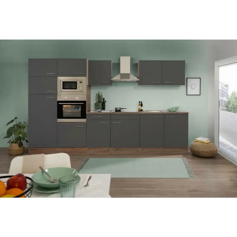 Küchenblock 330 cm in Grau, Eichefarben
