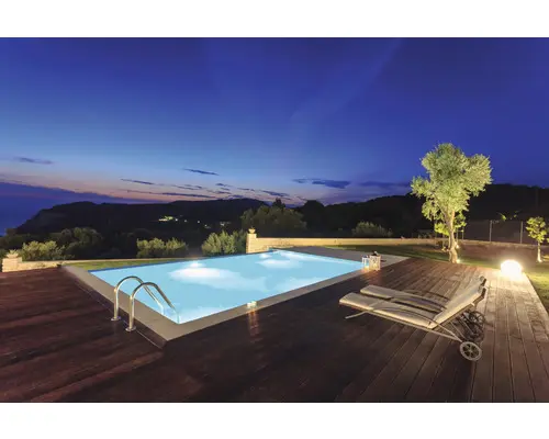 Einbaupool Styropor-Pool-Set Hornbach rechteckig 700x350x150 cm inkl. Sandfilteranlage, Skimmer, Leiter, Filtersand, Schutzvlies für Boden/Wand & Verrohrungsset sand