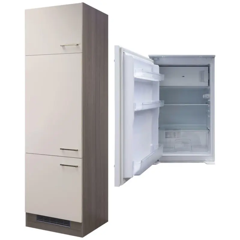 Geräteumbauschrank in Eichefarben, Edelstahlfarben, Magnolie