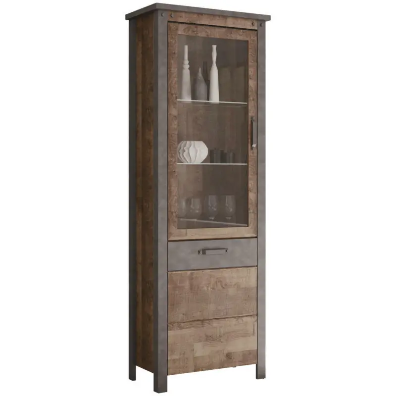Vitrine in Eichefarben, Dunkelgrau