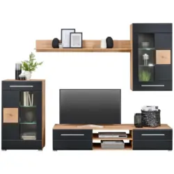 Wohnwand 240/190/43 cm in Schwarz, Eiche Artisan