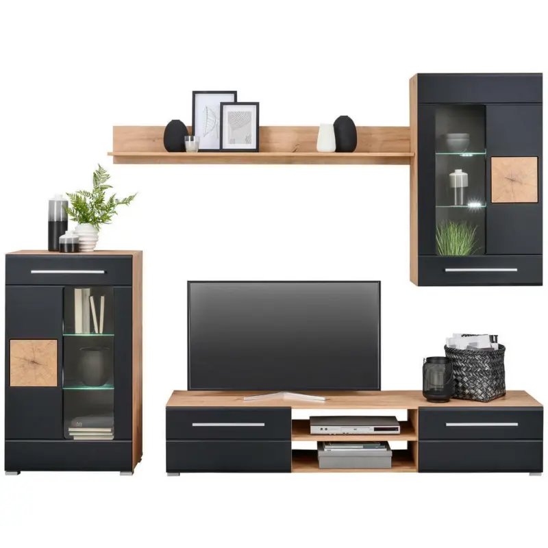 Wohnwand 240/190/43 cm in Schwarz, Eiche Artisan