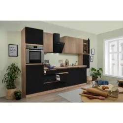 Küchenblock 330 cm in Eichefarben, Schwarz Hochglanz