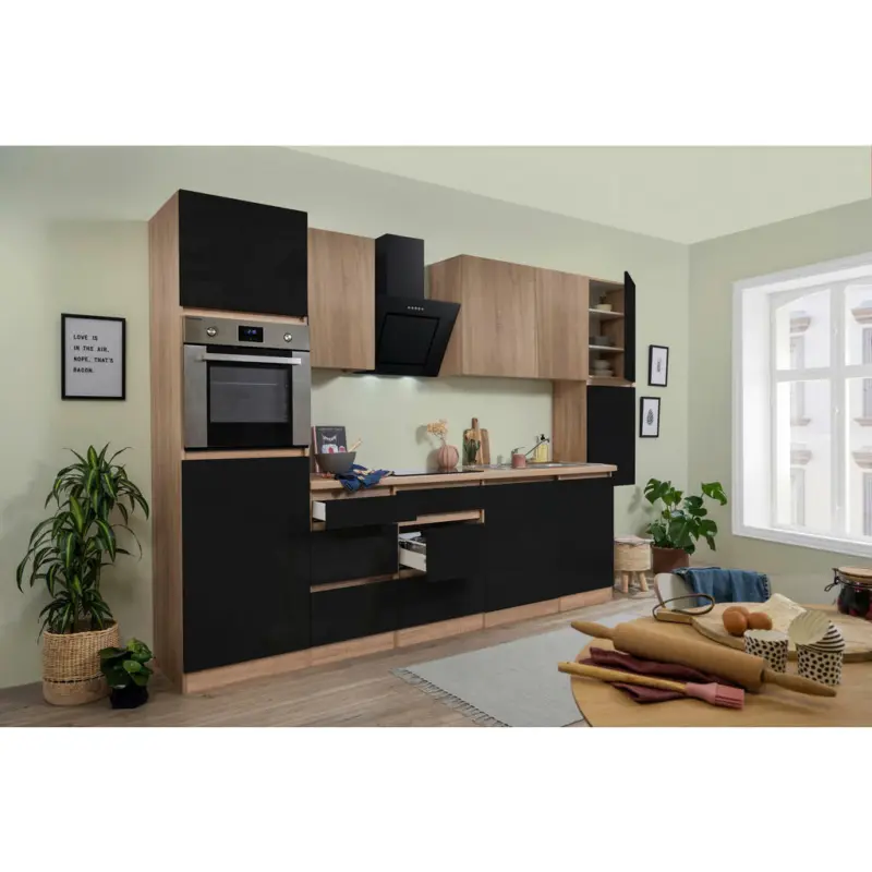 Küchenblock 330 cm in Eichefarben, Schwarz Hochglanz