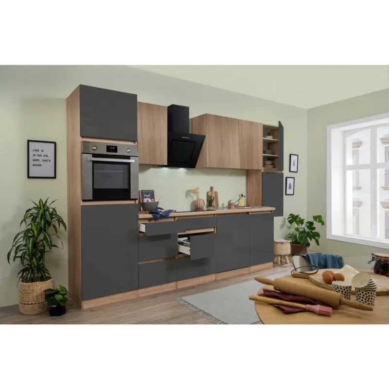 Küchenblock 330 cm in Grau, Eichefarben