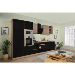 Küchenblock 345 cm in Eichefarben, Schwarz Hochglanz