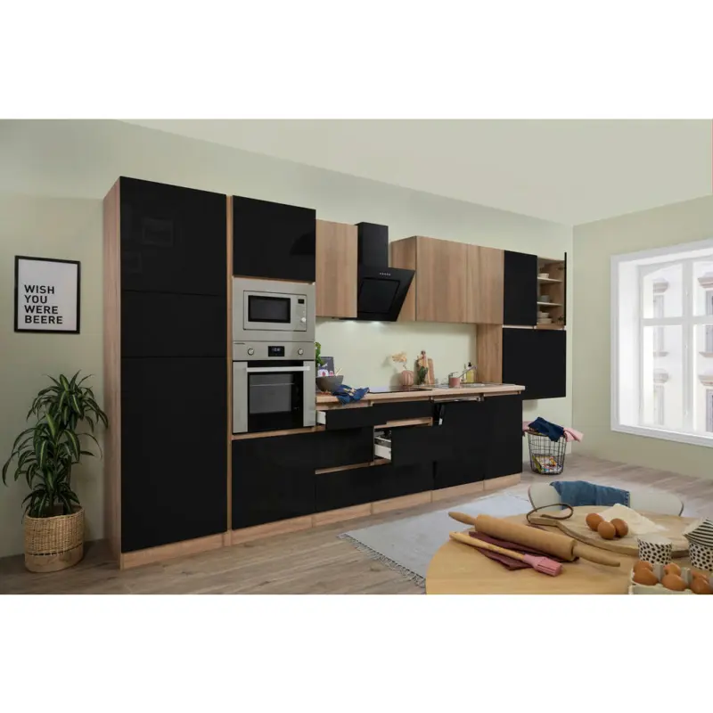 Küchenblock 445 cm in Schwarz, Eichefarben