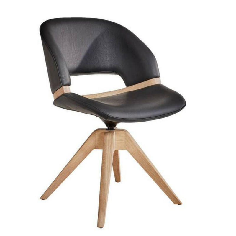 Stuhl in Holz, Leder Schwarz, Eichefarben