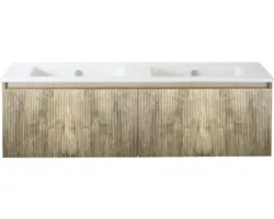 Waschbeckenunterschrank Sanox Frozen 3D Keramik 42x141x46 cm mit Doppel-Keramikwaschbecken ohne Hahnloch französische eiche