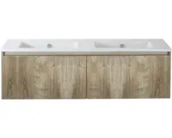 Waschbeckenunterschrank Sanox Frozen 3D Keramik 42x141x46 cm mit Doppel-Keramikwaschbecken ohne Hahnloch grain oak