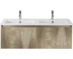 Hornbach Waschbeckenunterschrank Sanox Frozen 3D Keramik 42x121x46 cm mit Doppel-Keramikwaschbecken grain oak