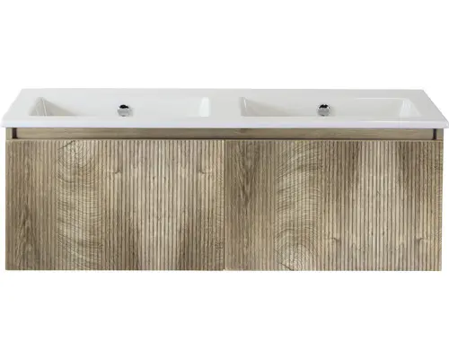Waschbeckenunterschrank Sanox Frozen 3D Keramik 42x121x46 cm mit Doppel-Keramikwaschbecken ohne Hahnloch grain oak