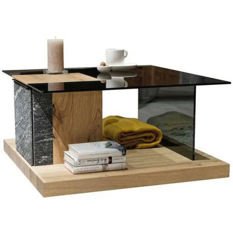 Couchtisch in Holz, Glas, Stein 80,6/80,6/42,3 cm