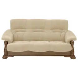 Dreisitzer-Sofa in Holz, Leder Beige