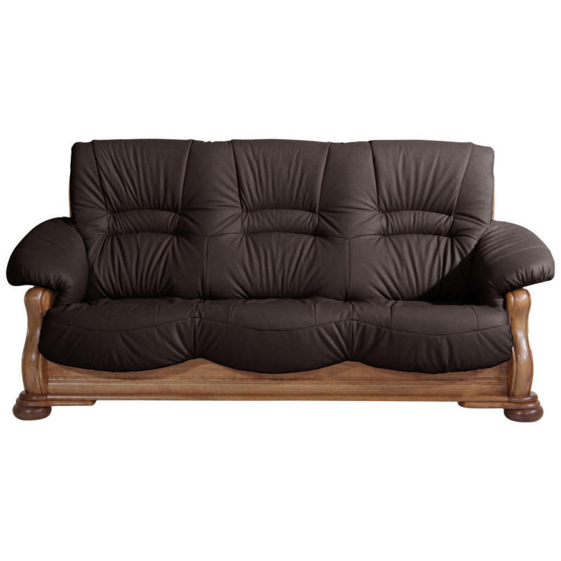 Dreisitzer-Sofa in Holz, Leder Braun