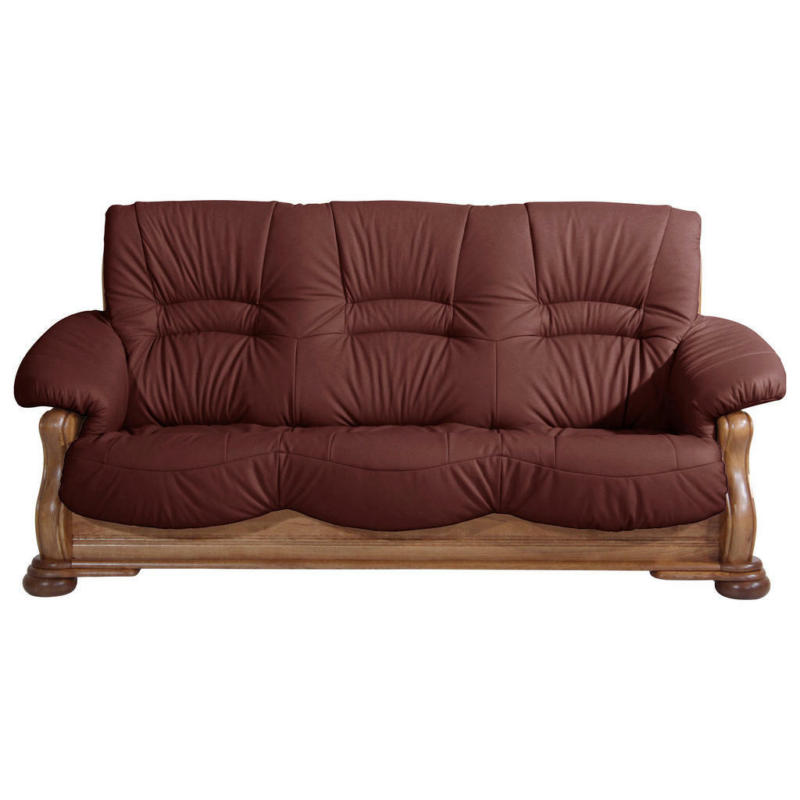 Dreisitzer-Sofa in Holz, Leder Rot