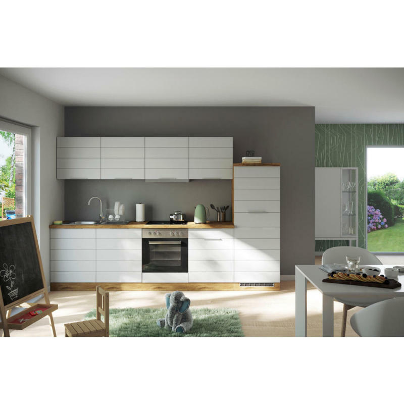 Küchenblock 300 cm in Weiß, Eiche Wotan