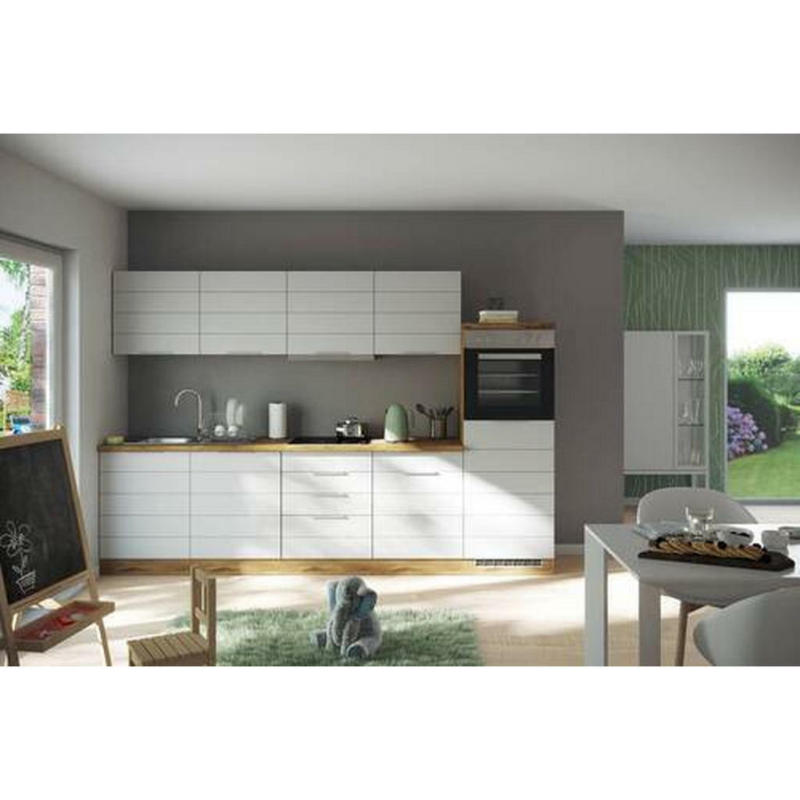 Küchenblock 300 cm in Weiß, Eiche Wotan