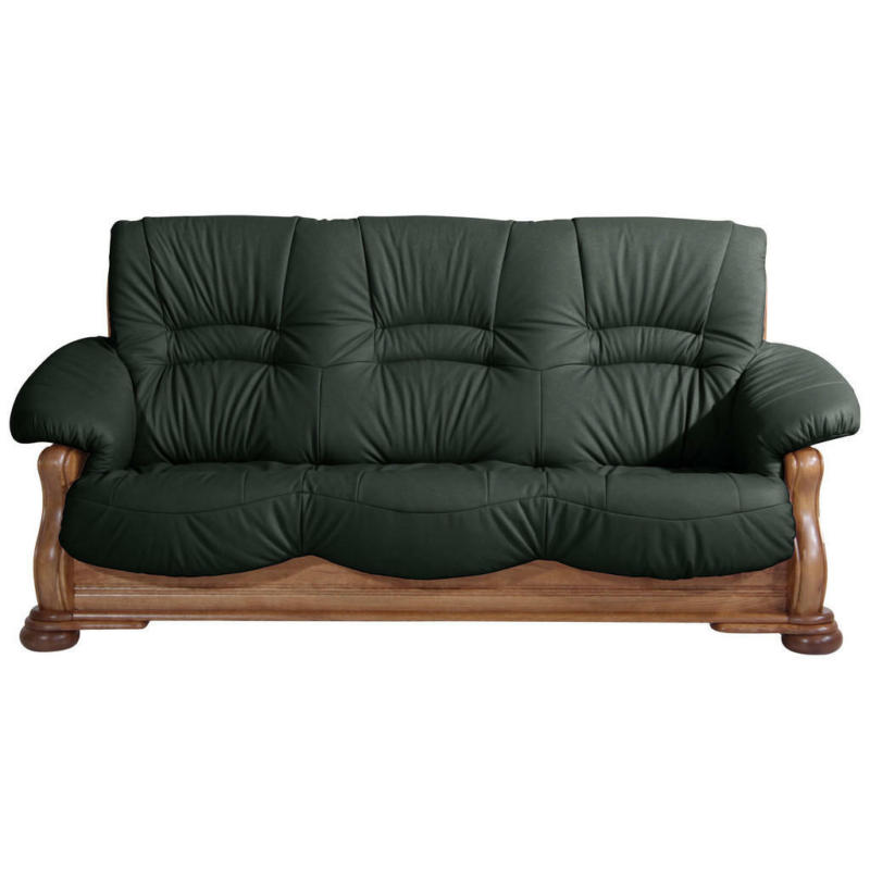 Dreisitzer-Sofa in Holz, Leder Dunkelgrün