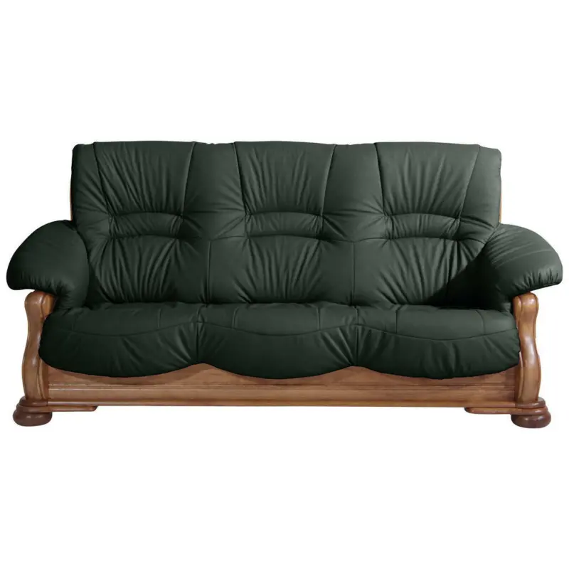Dreisitzer-Sofa in Holz, Leder Dunkelgr&uuml;n