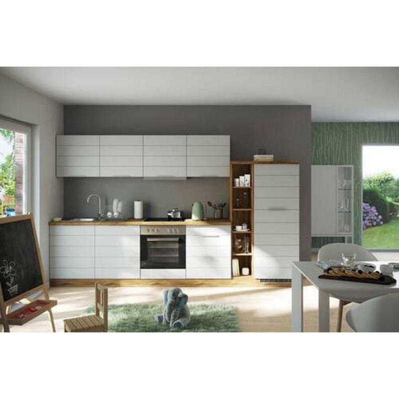 Küchenblock 330 cm in Weiß, Eiche Wotan