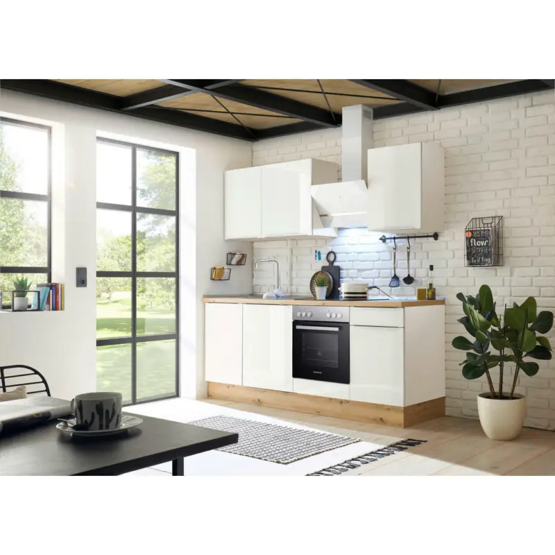 Küchenblock 220 cm in Weiß, Weiß Hochglanz