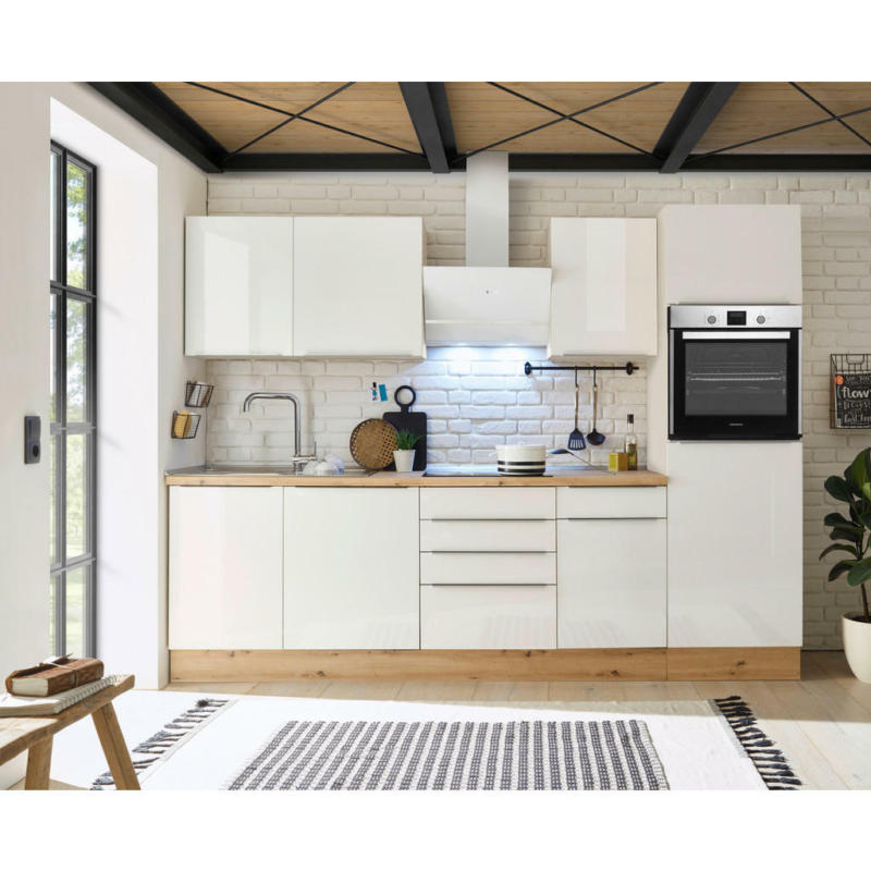 Küchenblock 280 cm in Weiß, Eiche Artisan, Weiß Hochglanz