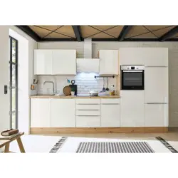 Küchenblock 340 cm in Eiche Artisan, Weiß Hochglanz