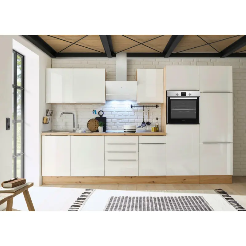 Küchenblock 340 cm in Eiche Artisan, Weiß Hochglanz